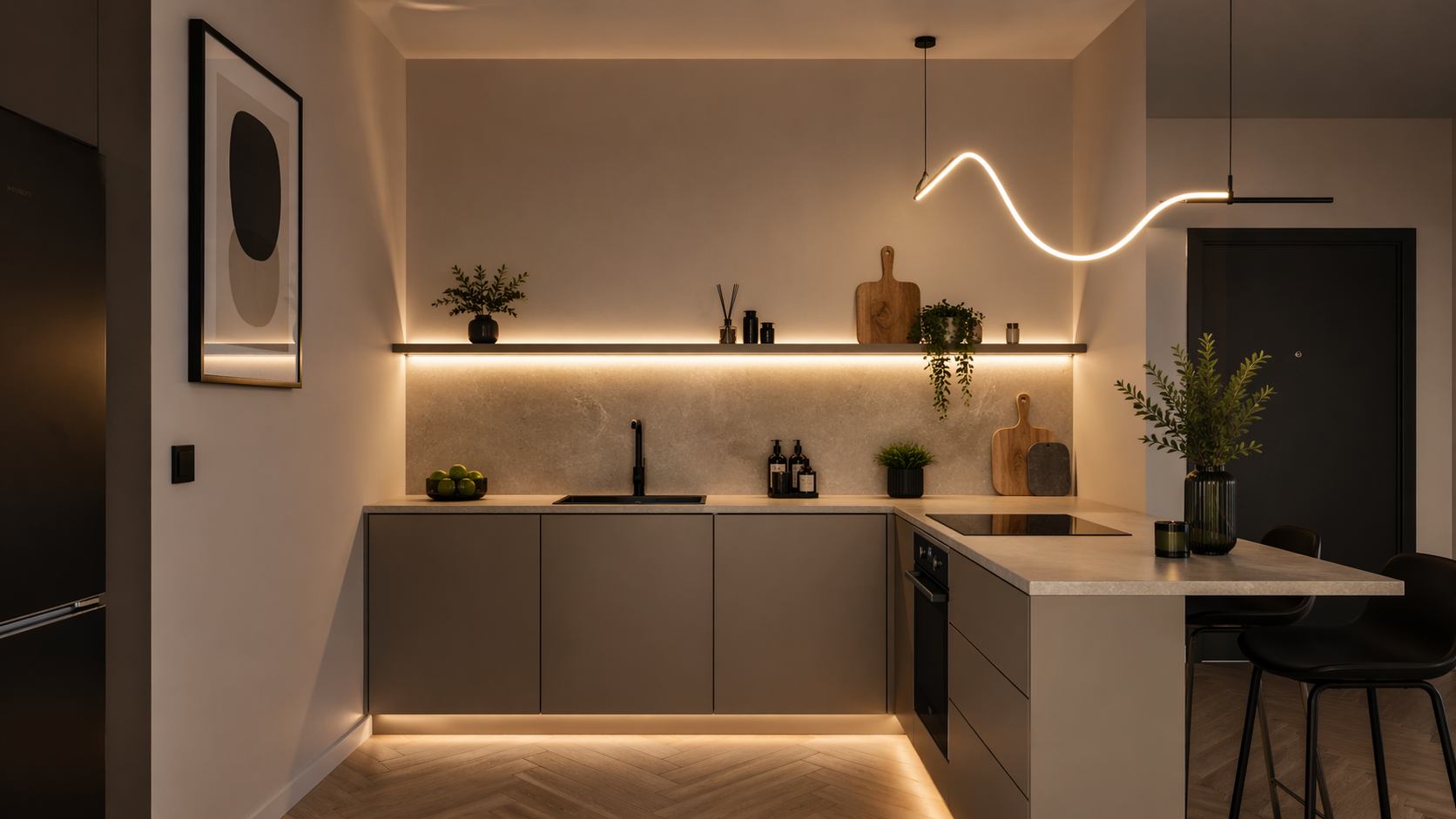 Kuhinja bez gornjih elemenata sa zanimljivim osveljenjem