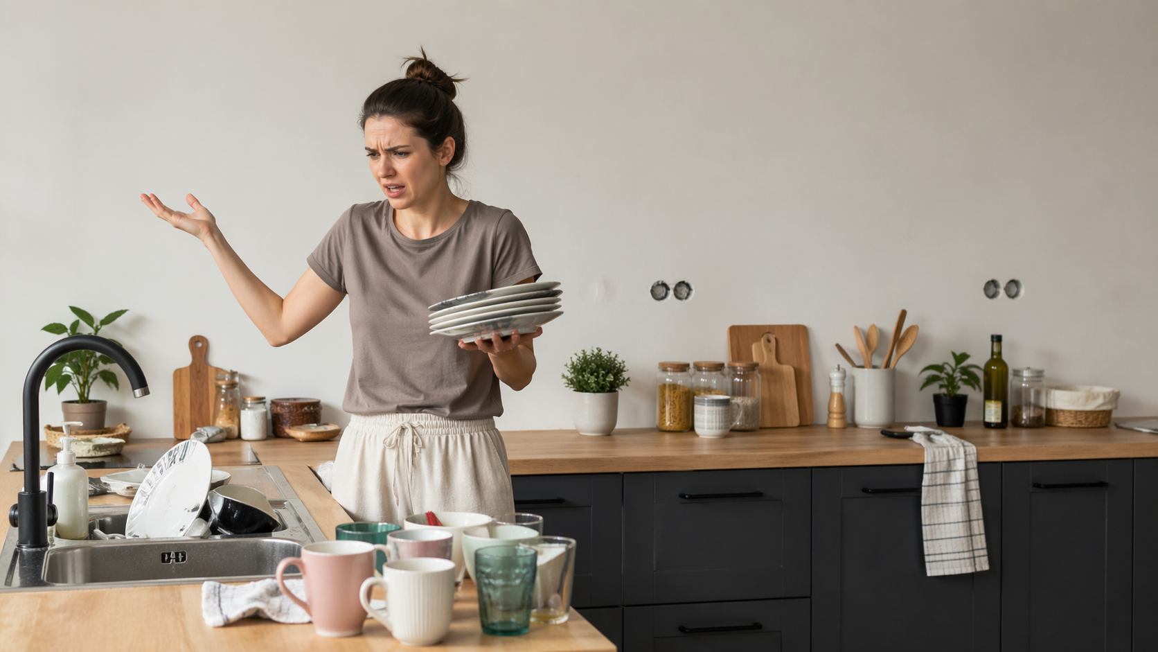 Zena koja pere sudove u kuhinji bez gornjih elemenata