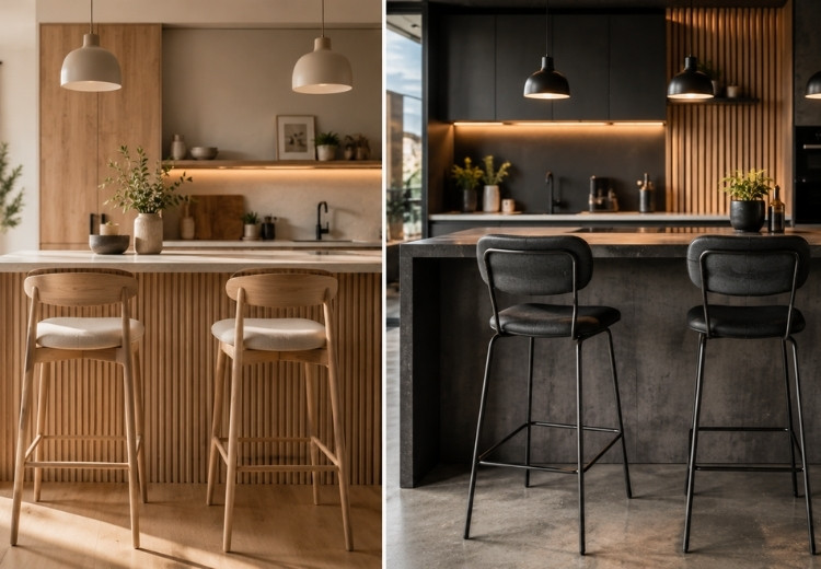 Split screen prikaz dve moderne kuhinje otvorenog tipa sa različitim barskim stolicama, svetlim drvenim modelima u skandinavskom stilu i tamnim metalnim modelima u industrijskom enterijeru.